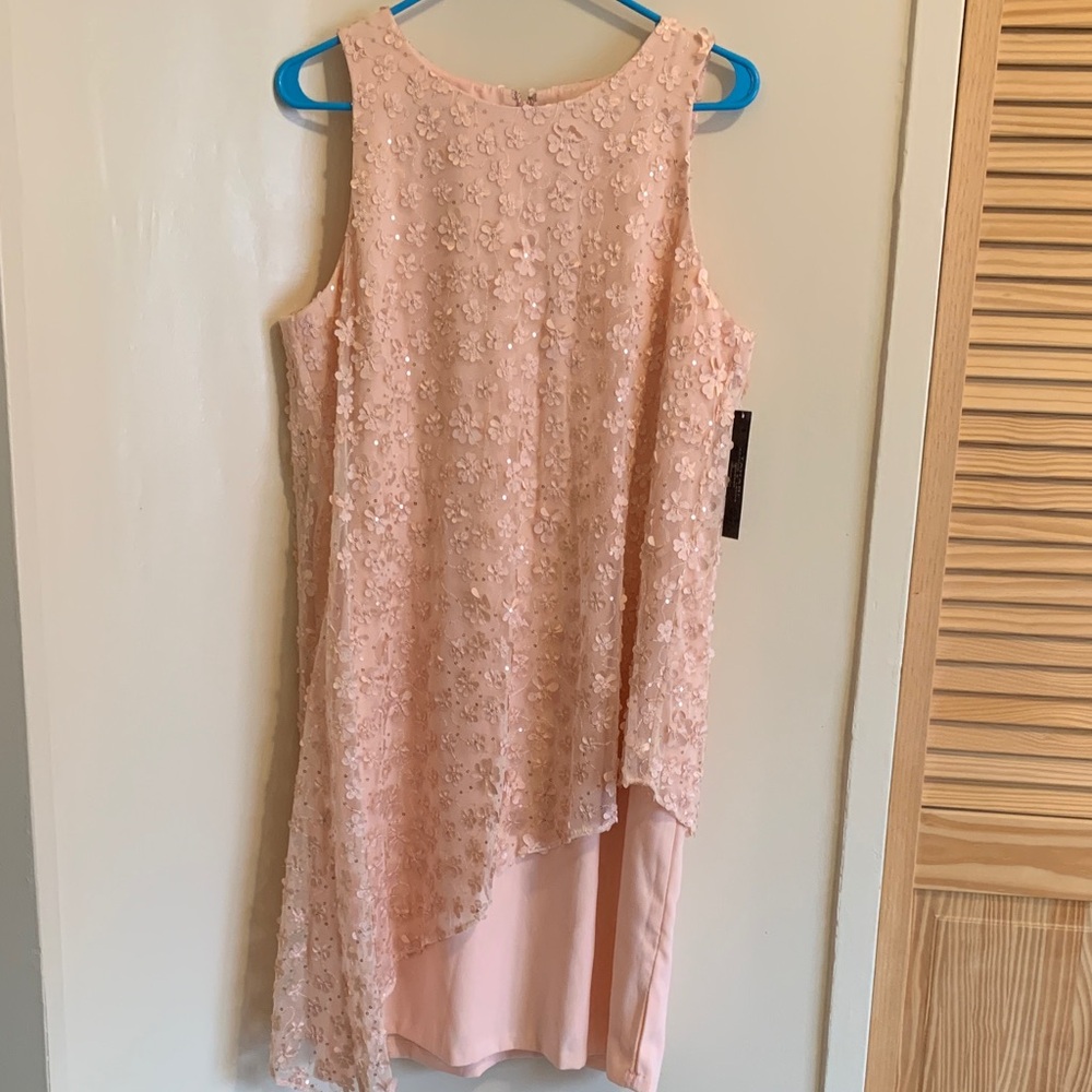 Tahari Blush Pink Floral Appliqué Midi Dress